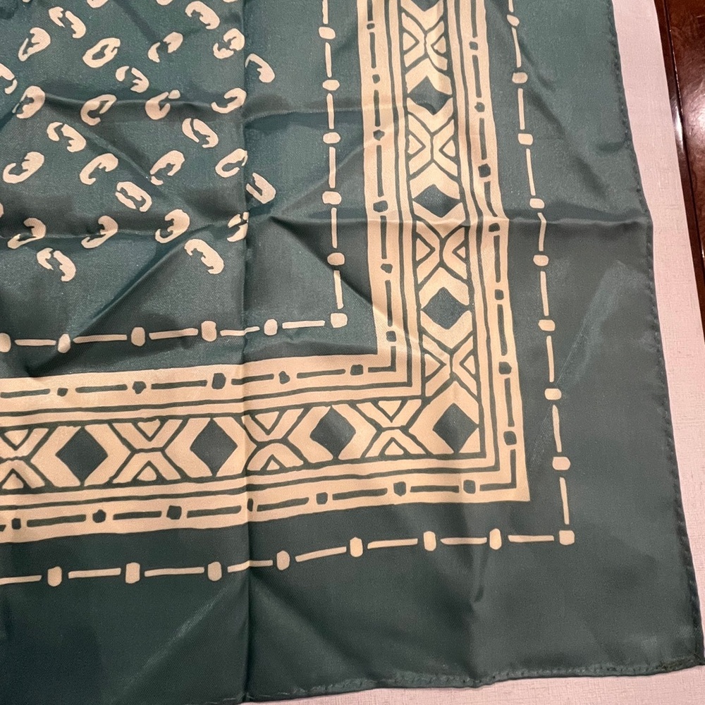 Vintage sage green and cream abstract graphic and leopard square scarf. - Picture 2 of 7